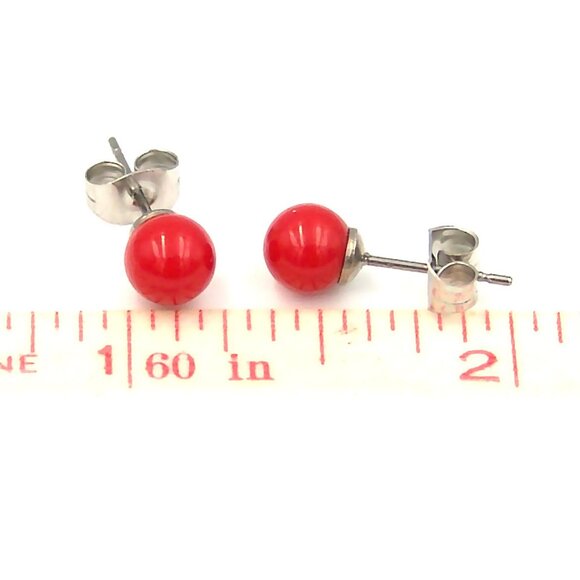 Red Resin Ball Stud Earrings Hypoallergenic Surgical Steel Posts Backs 6mm - Picture 3 of 4
